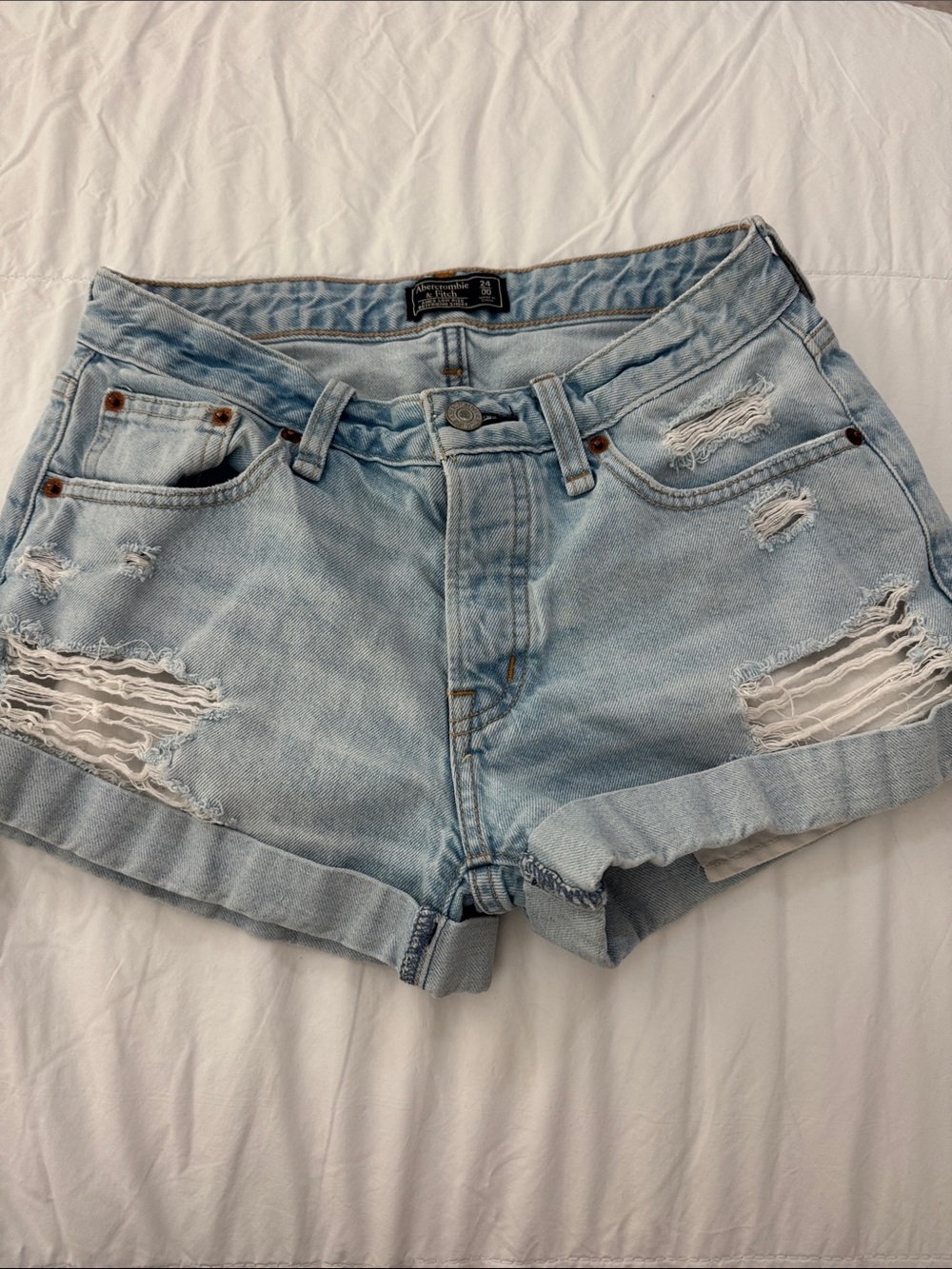 Abercrombie & Fitch Light Blue Distressed Rolled-Hem Jean Shorts